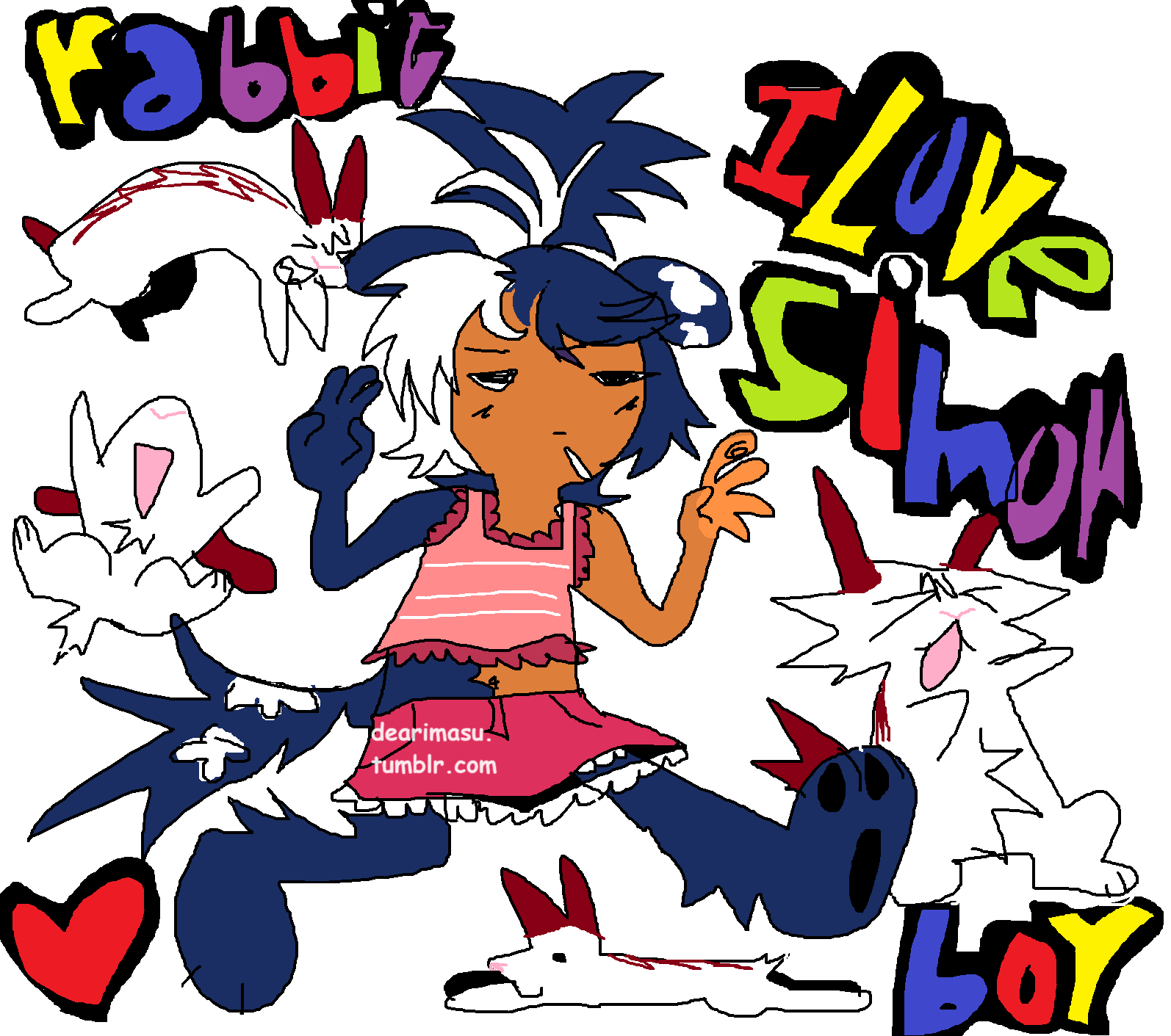 A crude, childlike drawing of the webmaster's sona, surrounded by drawings of simon. There's floating text that reads: Rabbit boy / i love simon.